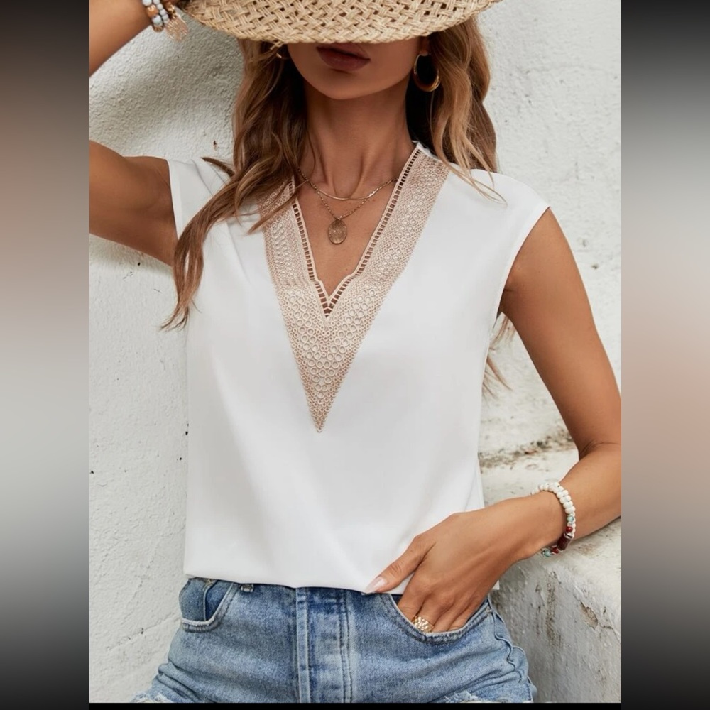 contrast Guipure lace blouse - white & tan - Large